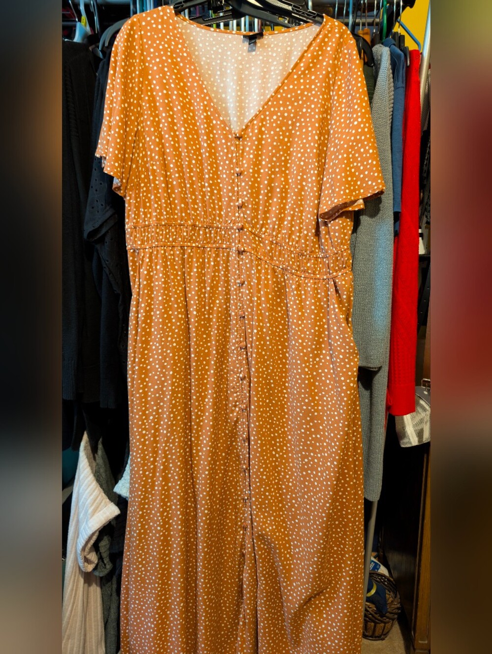 torrid Mustard Brown Polka Dot Button-Front V-Neck Maxi Dress